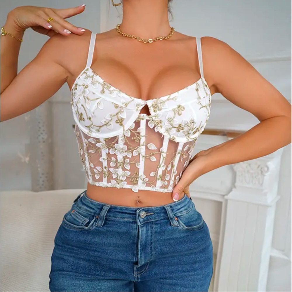 Gigi Angelic White & Gold Floral Embroidered Sheer Mesh Crop Corset Bustier Top